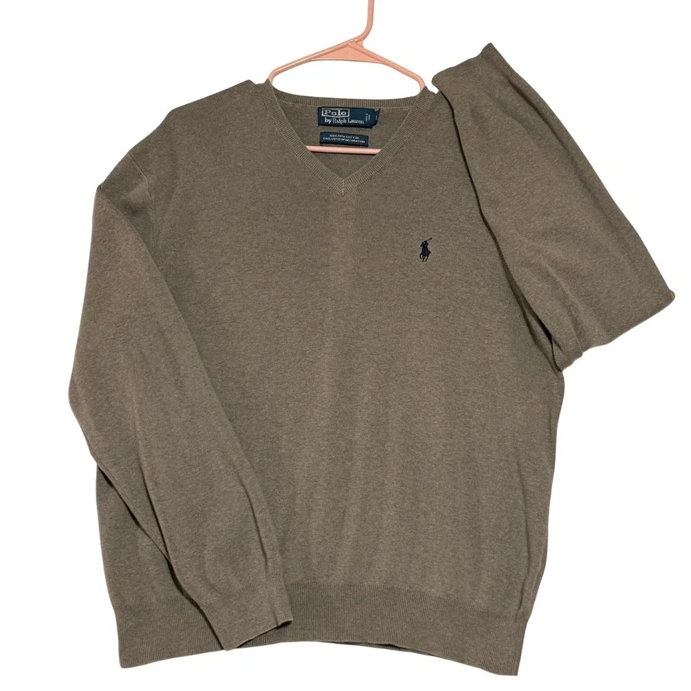 Polo Ralph Lauren‎ Mens L Gray V-Neck Sweater Pima Cotton Pony Logo